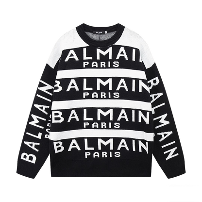 Balmain Black And White Crew Neck Sweater With All - Over Logo Print