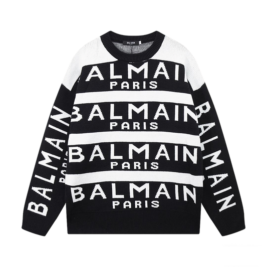 Balmain Black And White Crew Neck Sweater With All - Over Logo Print