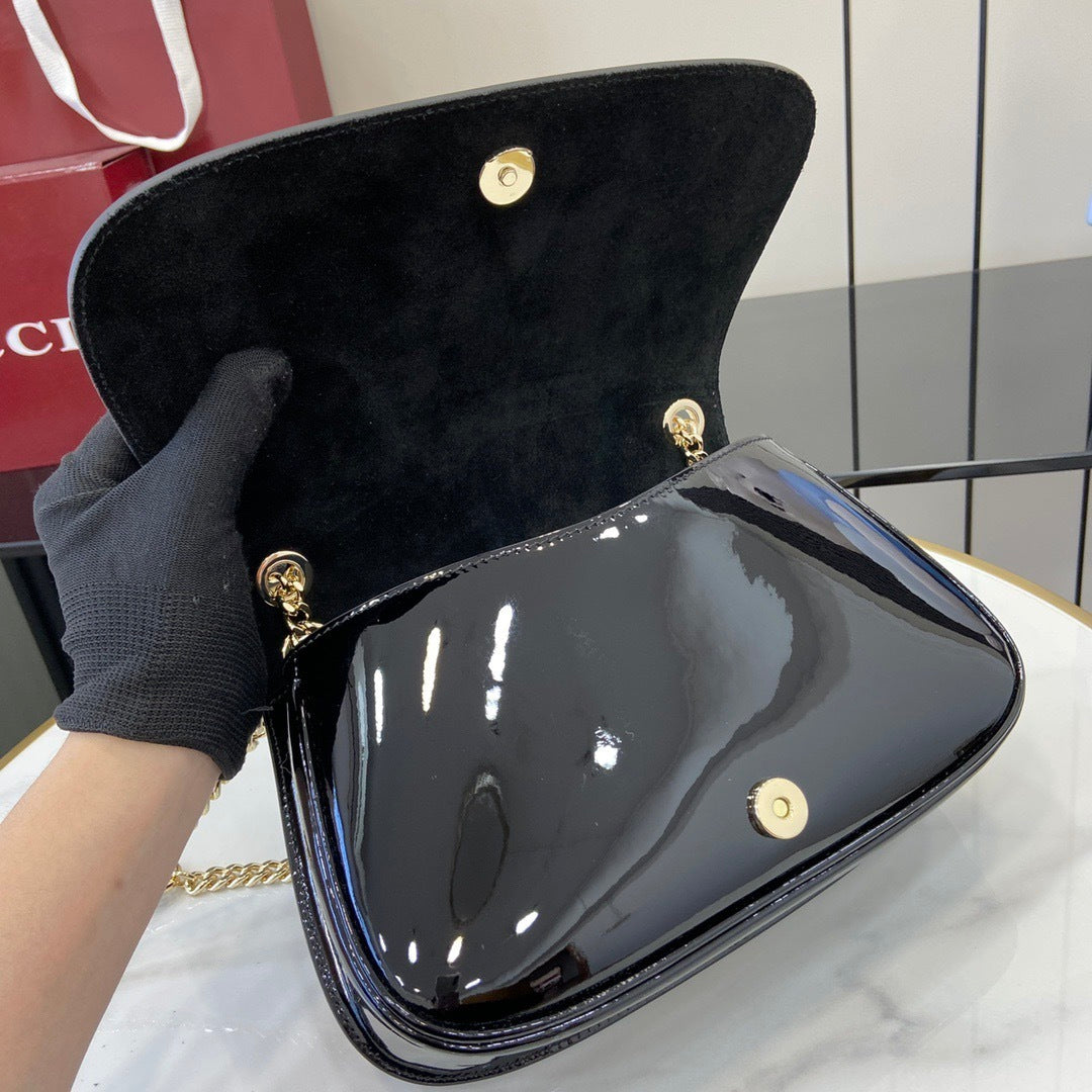 Gucci Black Patent Leather Shoulder Bag With Gold Tone Interlocking G Logo And Chain Strap 815715