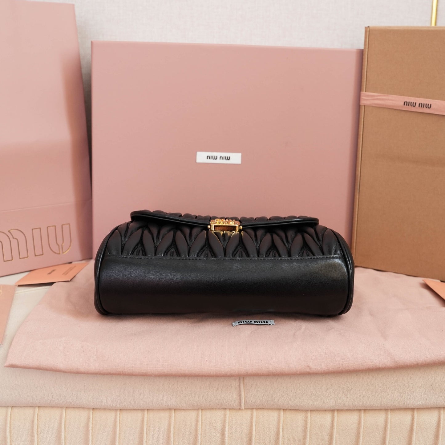 Miu Miu Black Quilted Leather Crossbody Bag With Gold Chain Strap 5BD266