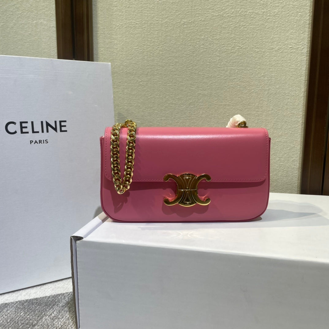 Celine Black Leather Crossbody Bag With Gold Chain And Triomphe Buckle 197993