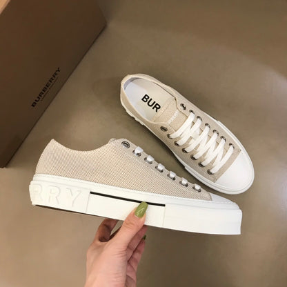 Burberry Unisex Beige Textured Canvas Sneakers Stylish Comfortable Footwear For Men And Women With Minimalist Elegance