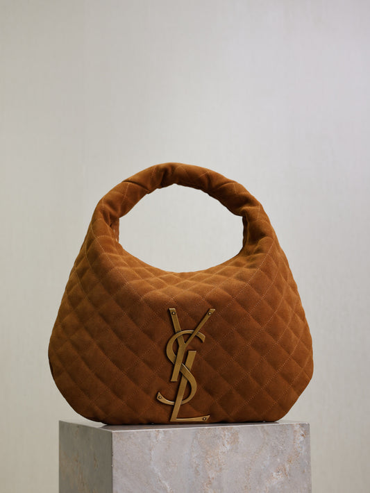 Stylish Black/Brown Quilted YSL Hobo Bag With Gold Logo 698652