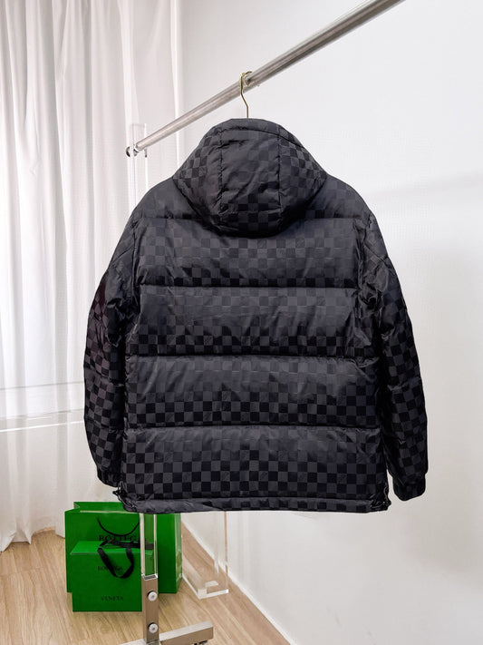 Louis Vuitton Black Checkered Hooded Down Jacket With Brand Patch