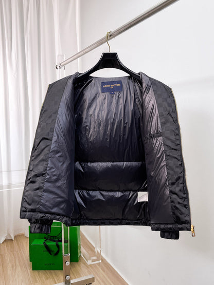 Louis Vuitton Black Checkered Hooded Down Jacket With Brand Patch
