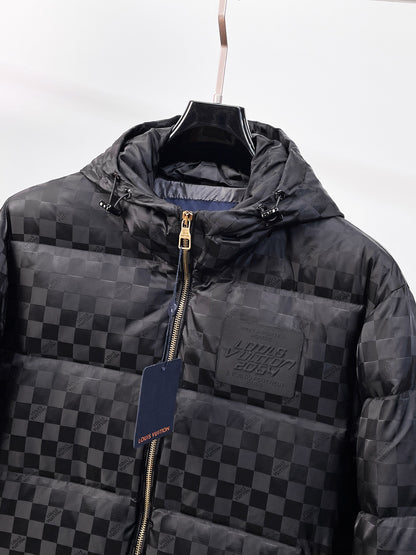 Louis Vuitton Black Checkered Hooded Down Jacket With Brand Patch