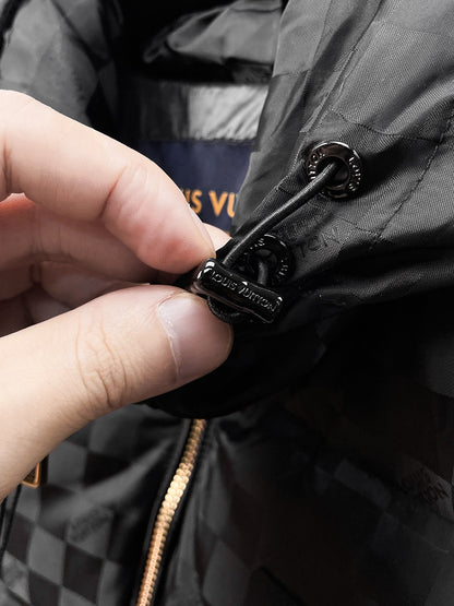Louis Vuitton Black Checkered Hooded Down Jacket With Brand Patch
