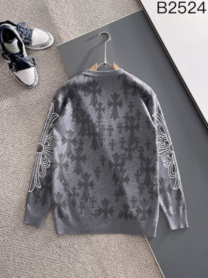 Chrome Hearts Style Grey Crew Neck Sweater With Cross And Logo Print
