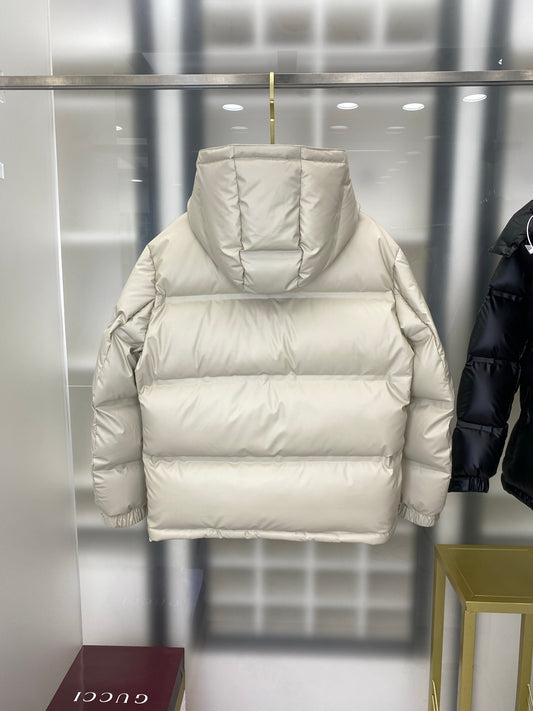 Beige Prada Hooded Puffer Jacket With Logo Pocket