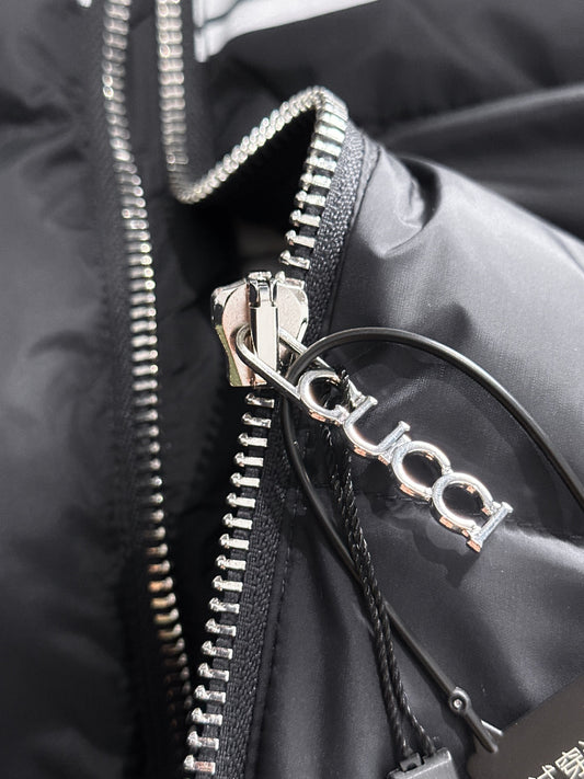 Gucci Black Hooded Down Jacket With Brand Logo Stripe