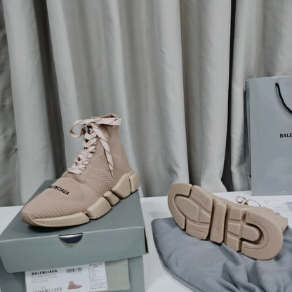 Balenciaga Unisex Beige Lace-up Sock Sneakers Stylish Footwear for Fashion-conscious Men and Women