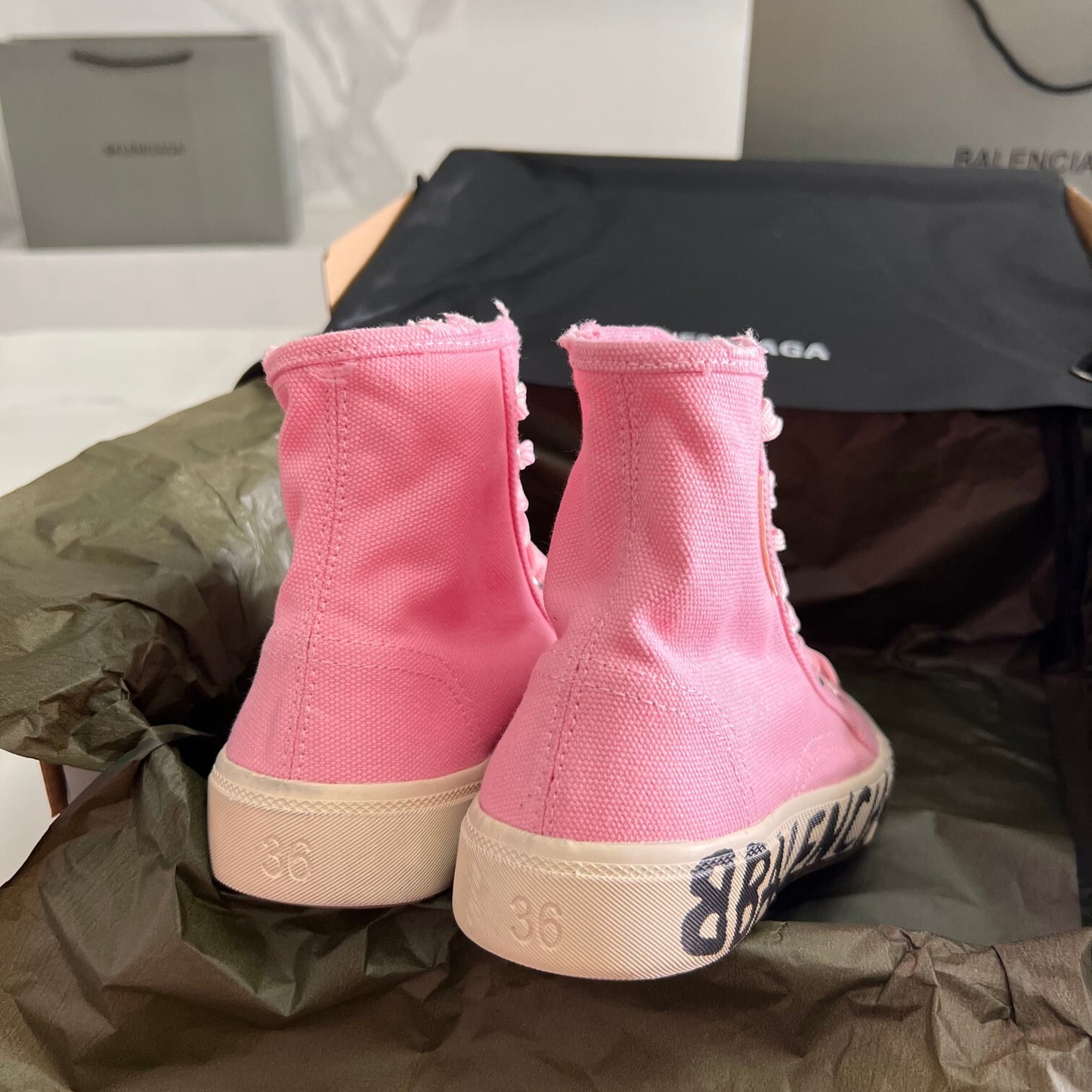 Balenciaga Pink High-Top Canvas Sneakers with Brand Logo Sole for Luxury Street Style
