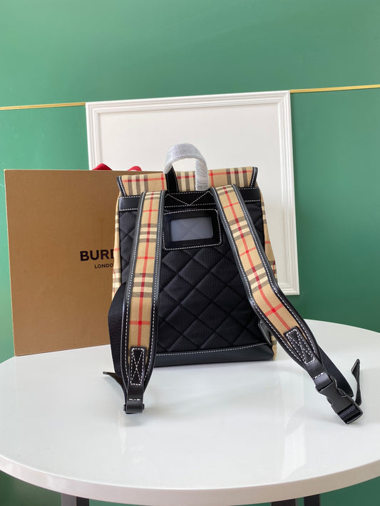 Classic Beige Checkered Burberry Backpack With Front Pocket And Adjustable Straps Style No.2432