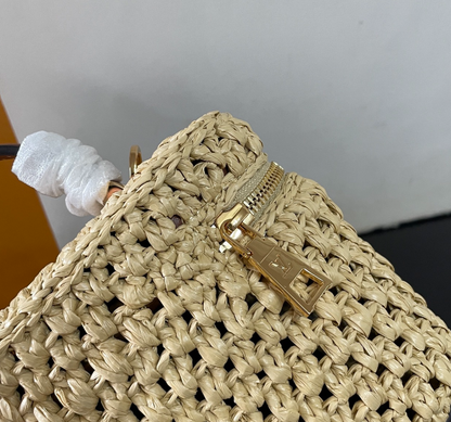 Chic Louis Vuitton Woven Straw Vanity Bag With Leather Handle And Lock Accents
