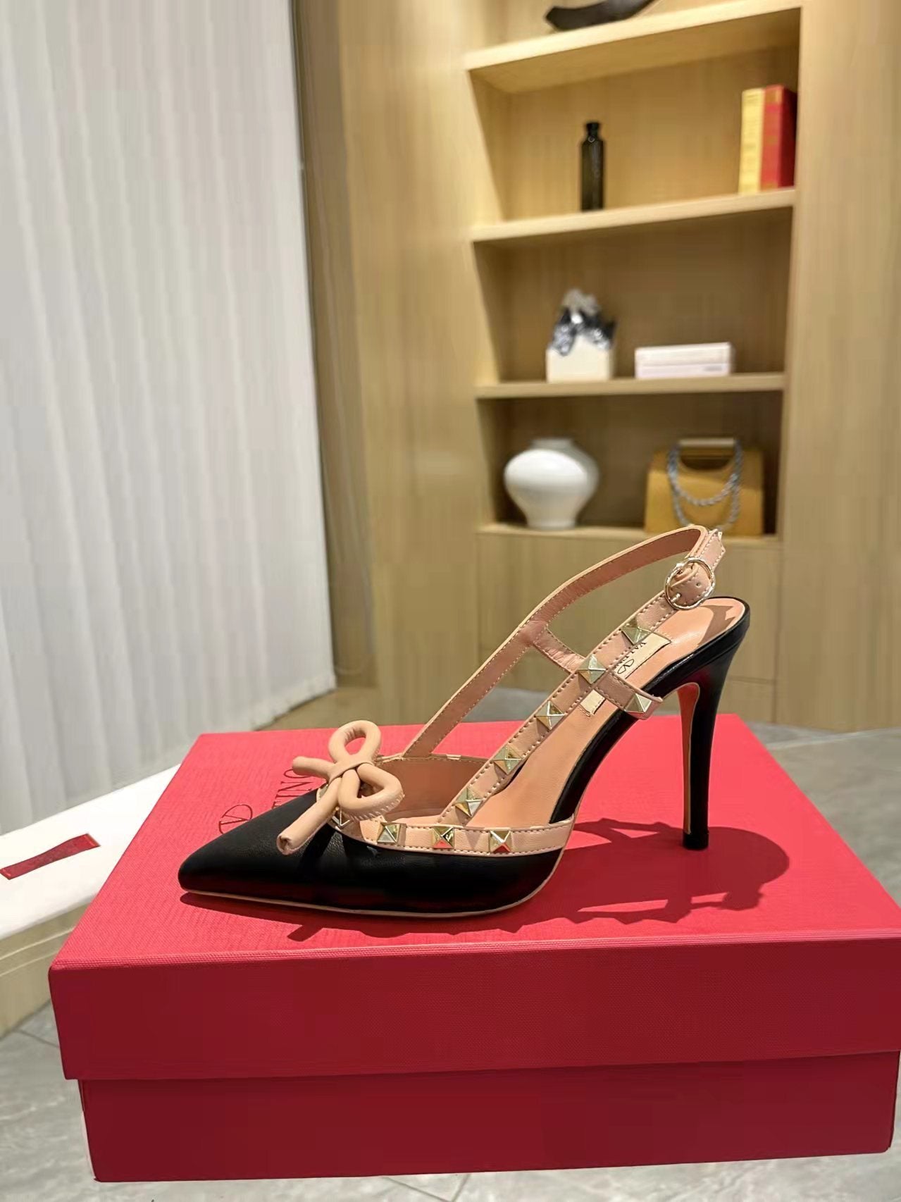Valentino Women's Rockstud Bow Slingback Pumps Luxury Pointed Toe High Heels