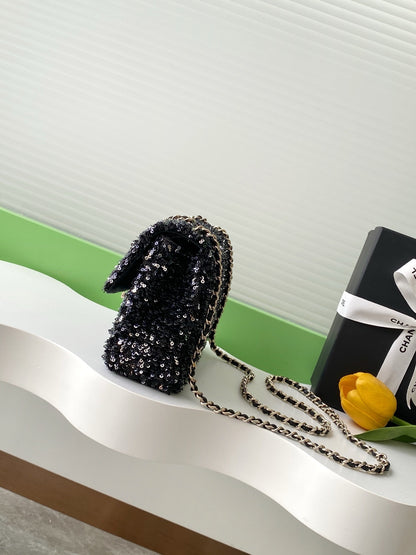 Chanel Black Sequin - Embellished Handbag With Gold CC Logo And Chain Strap AS4561
