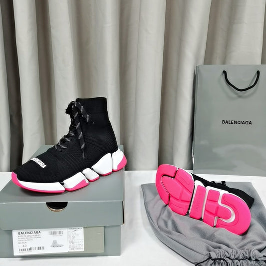 Balenciaga Unisex Black Pink Accent Lace-up Sock Sneakers Fashion Statement for Men and Women