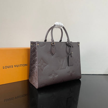 Elegant Louis Vuitton Gray Embossed Leather Tote Bag With Signature Monogram Patterns