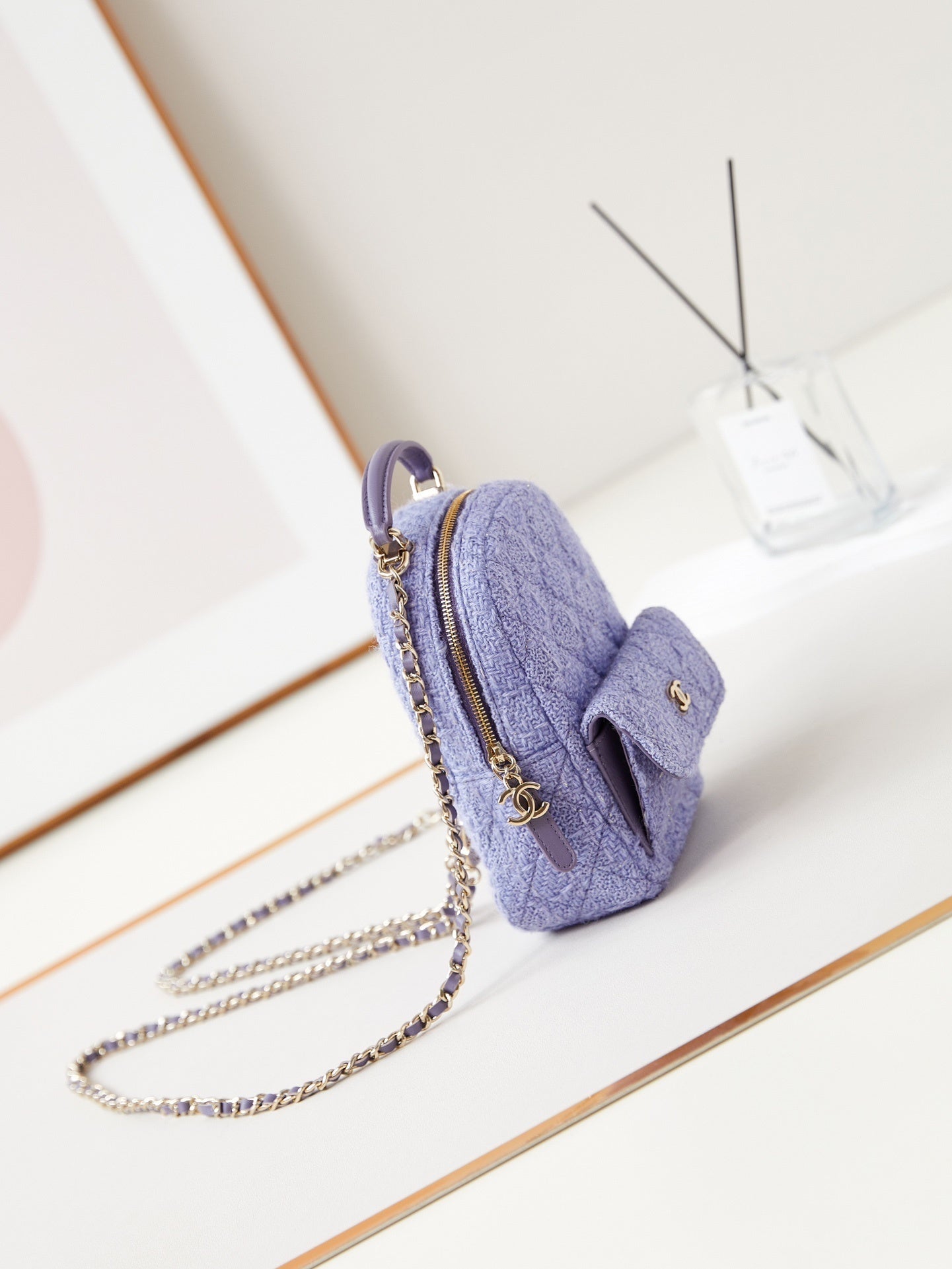 Chanel Mini Backpack in Lavender Tweed with Quilted Pattern and Gold - Tone Chain Straps AP3753