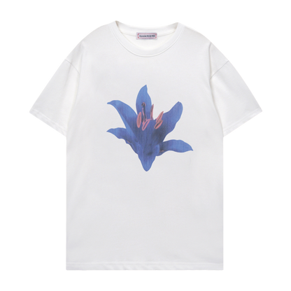 Alexander McQueen White/Black T - Shirt With Stunning Blue Flower Graphic Design