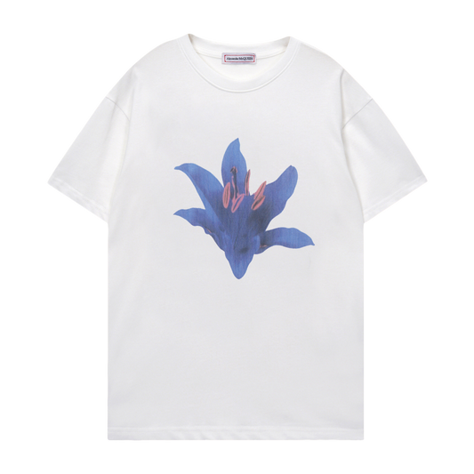 Alexander McQueen White/Black T - Shirt With Stunning Blue Flower Graphic Design