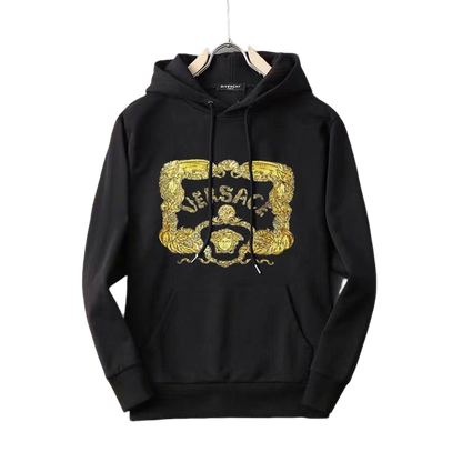 Versace Black Hoodie With Gold - Embroidered Logo And Ornate Pattern Design