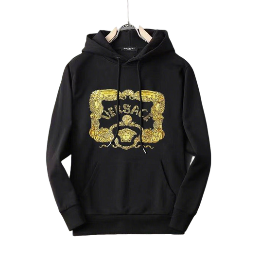 Versace Black Hoodie With Gold - Embroidered Logo And Ornate Pattern Design