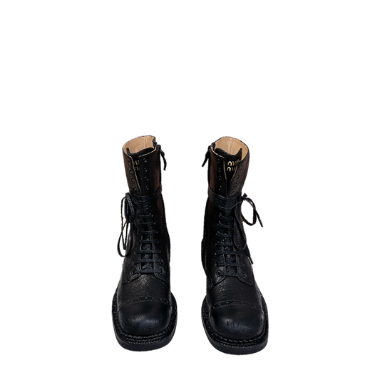 Miu Miu Women's Black Leather Lace - Up Mid - Calf Boots
