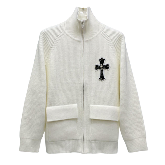 Chrome Hearts Style White Knit Zip-Up Cardigan With Cross Emblem And Pockets