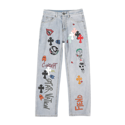 Chrome Hearts Inspired Light Blue Jeans With Colorful Graffiti Art