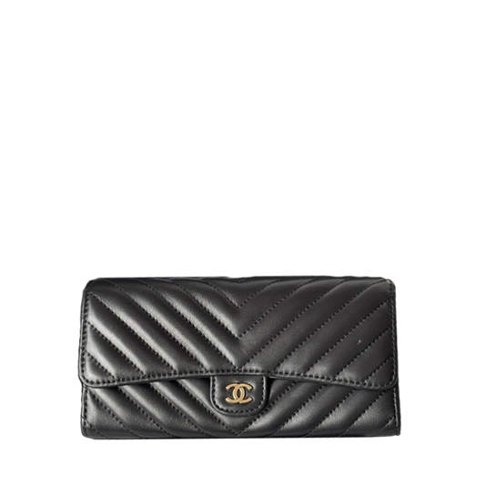 Chanel Black Chevron - Quilted Leather Long Wallet With Gold - Tone CC Logo 80758