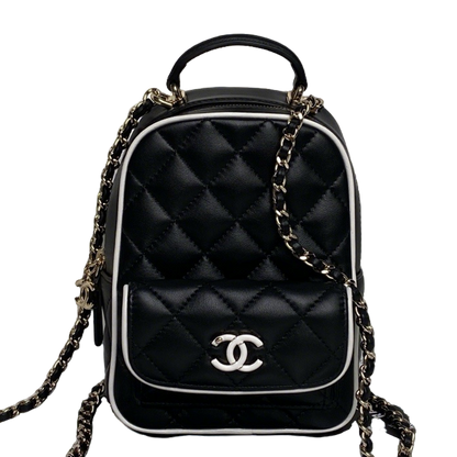 Chanel Quilted Black Leather Mini Backpack with White Trim and Gold - Tone Chain Straps AP4514