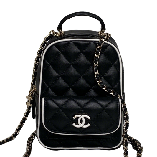 Chanel Quilted Black Leather Mini Backpack with White Trim and Gold - Tone Chain Straps AP4514