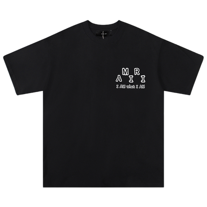 AMIRI Black/White Tee With “I AM what I AM” Slogan For Bold Streetwear Statements