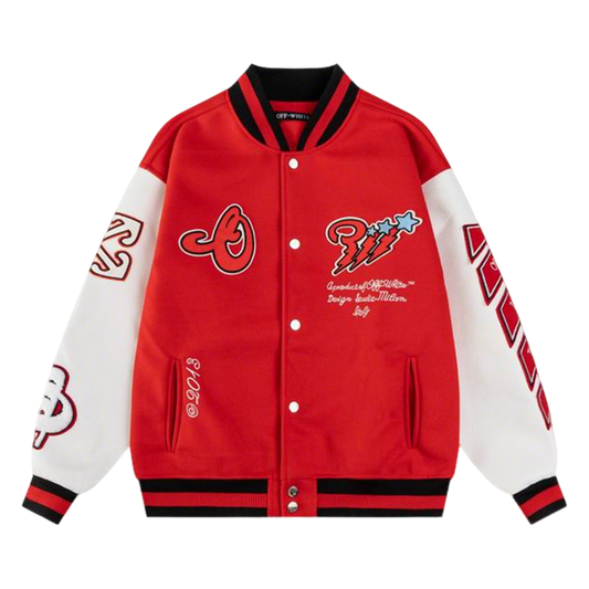 Off - White Red And White Varsity Jacket With Embroidered Graphics