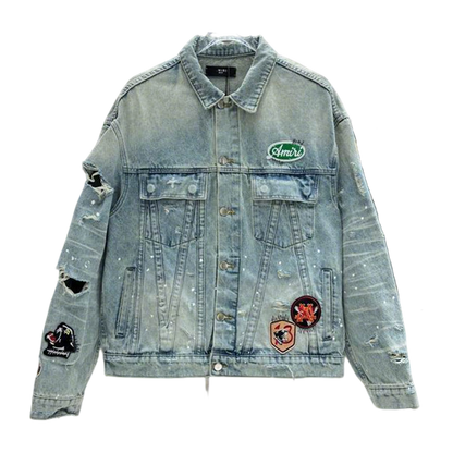 Amiri Distressed Denim Jacket With Patches And Splatter Details
