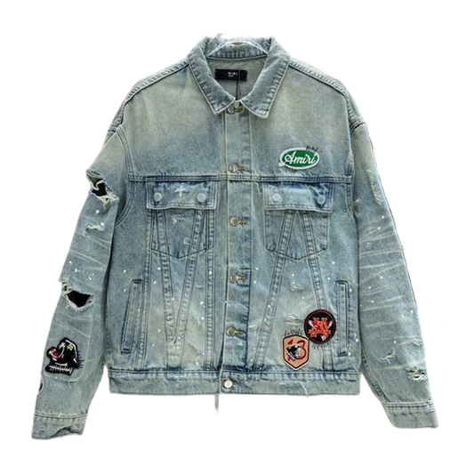 Amiri Distressed Denim Jacket With Patches And Splatter Details
