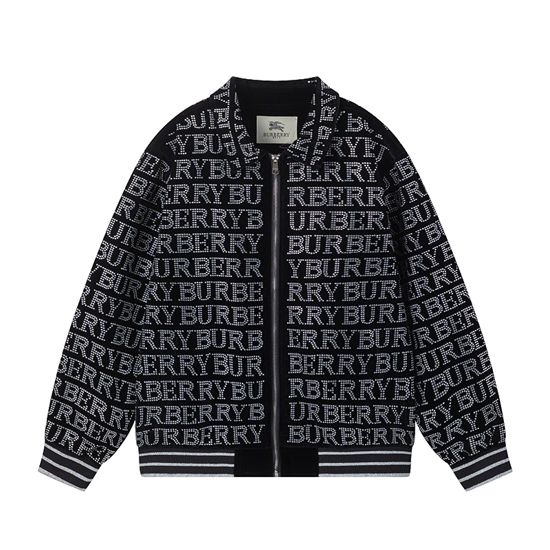 Burberry Patterned Black Bomber Jacket with Rhinestone Logo Design