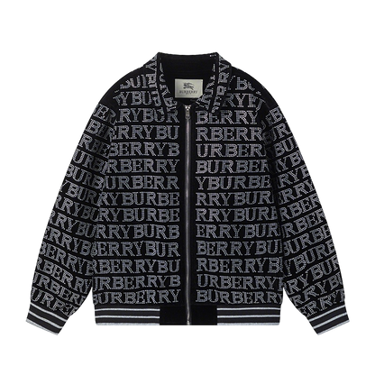 Burberry Patterned Black Bomber Jacket with Rhinestone Logo Design