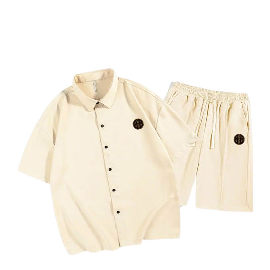 Balenciaga Beige Short Sleeve Shirt And Shorts Set With Logo