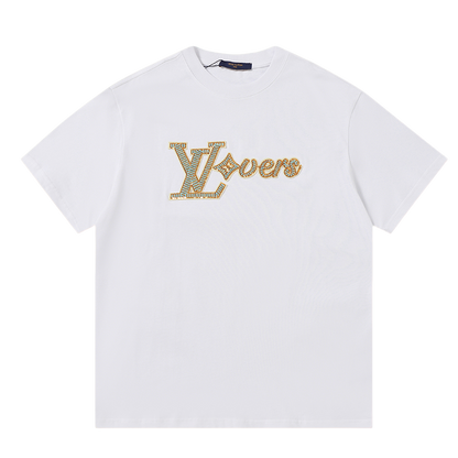 Louis Vuitton White/Black/Blue T - Shirt Featuring Embroidered "LV Lovers" Logo Design
