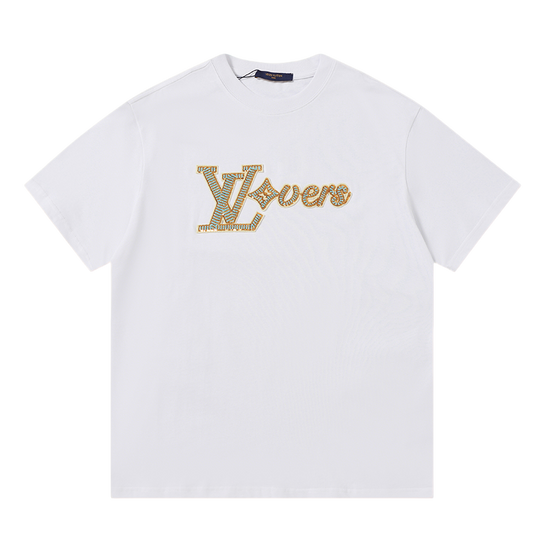 Louis Vuitton White/Black/Blue T - Shirt Featuring Embroidered "LV Lovers" Logo Design
