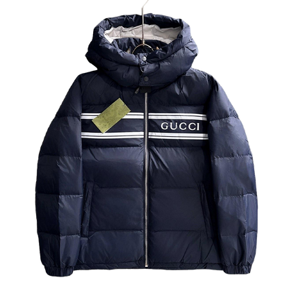 Gucci Navy Blue Hooded Down Jacket With Brand Logo Stripe