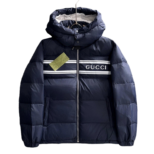 Gucci Navy Blue Hooded Down Jacket With Brand Logo Stripe