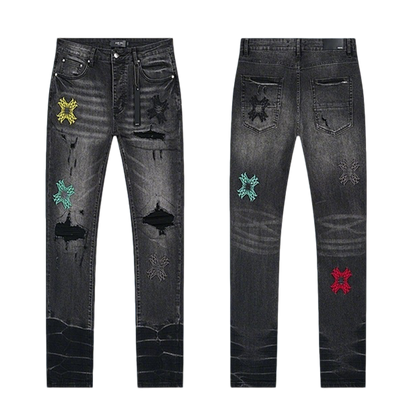 Amiri Dark Grey Distressed Jeans With Vibrant Embroidered Designs