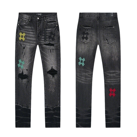 Amiri Dark Grey Distressed Jeans With Vibrant Embroidered Designs