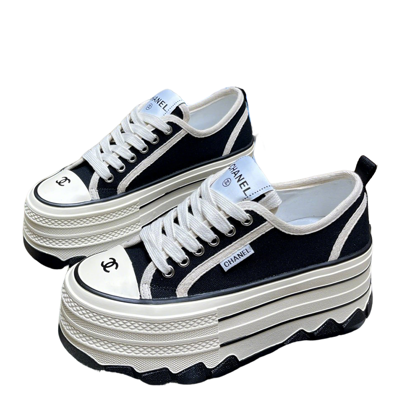Chanel Black And White Platform Canvas Sneakers With CC Logo