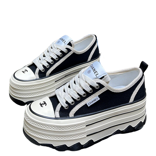 Chanel Black And White Platform Canvas Sneakers With CC Logo