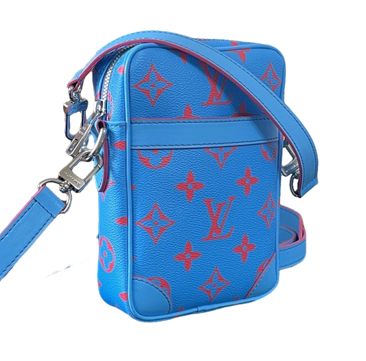 Eye Catching Blue Louis Vuitton Crossbody Bag With Red Monogram Pattern And Adjustable Strap