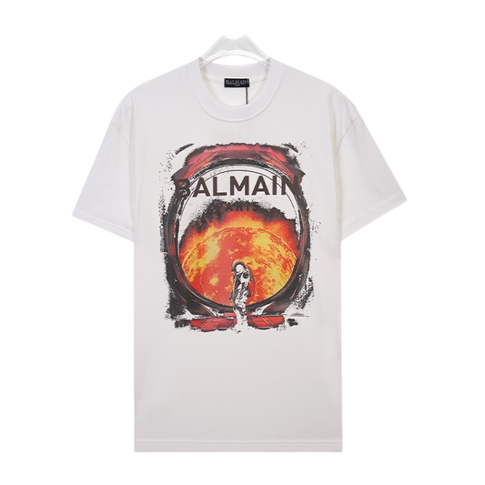 Balmain White/Black Tee With Cosmic Astronaut Graphic For Edgy High - Fashion Looks